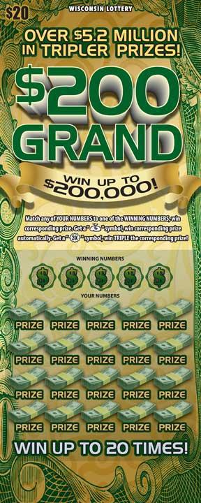 $200 Grand instant scratch ticket from Wisconsin Lottery - unscratched