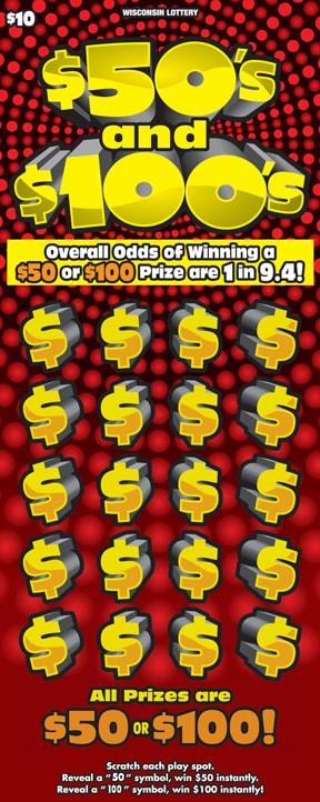 $50s and $100s instant scratch ticket from Wisconsin Lottery - unscratched