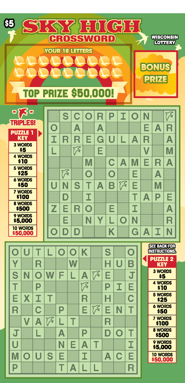 Wisconsin Scratch Game, Sky High Crossword green and tan background with red text.