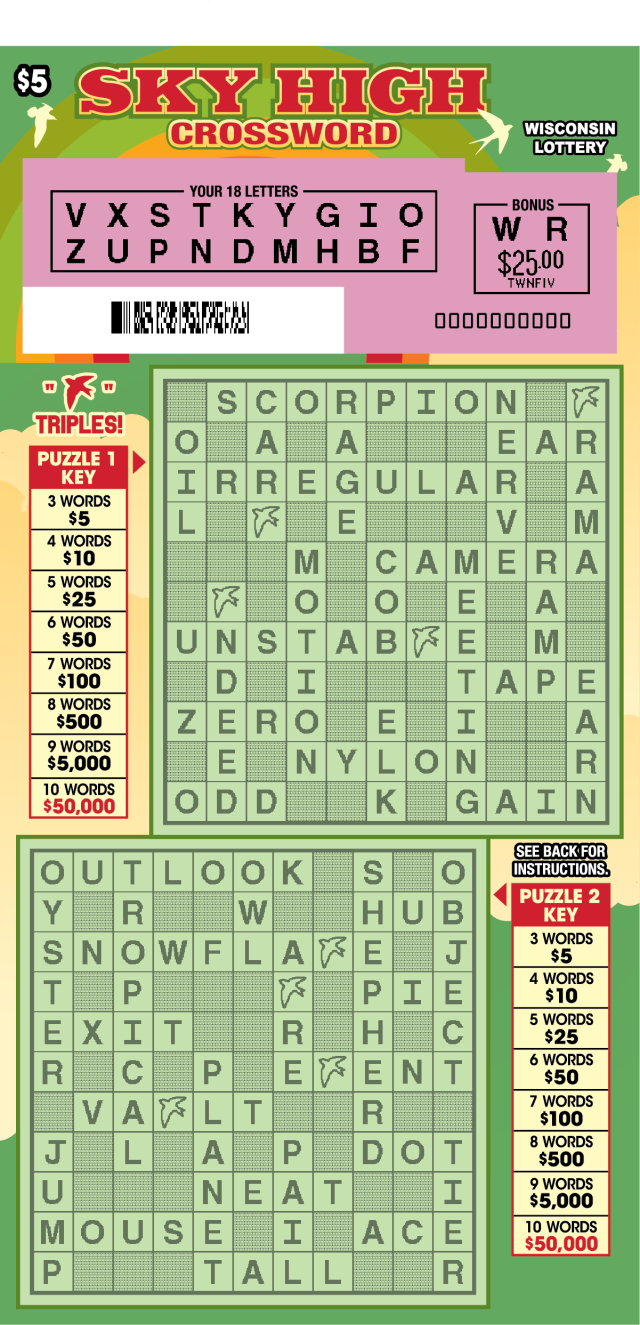 Wisconsin Scratch Game, Sky High Crossword green and tan background with red text, revealed.