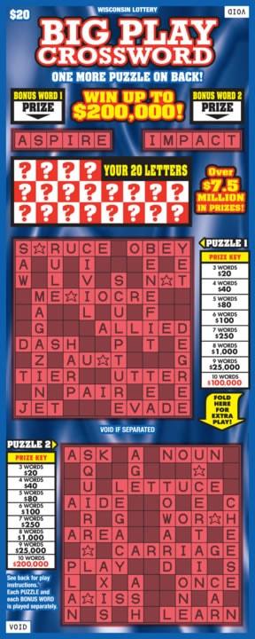 Big Play Crossword instant scratch ticket from Wisconsin Lottery - unscratched
