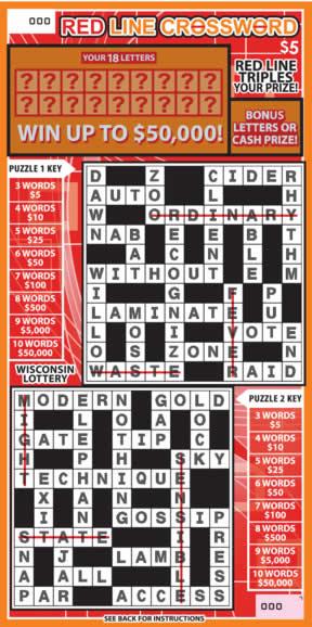 Red Line Crossword instant scratch ticket from Wisconsin Lottery - unscratched