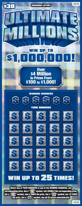 Ultimate Millions instant scratch ticket from Wisconsin Lottery - unscratched