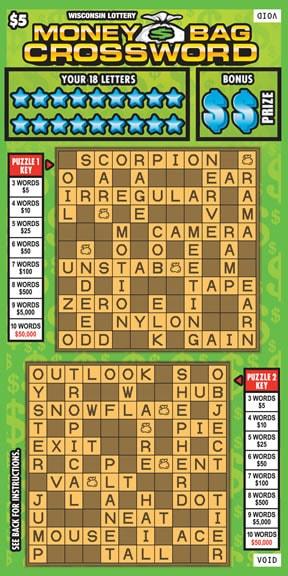 Money Bag Crossword instant scratch ticket from Wisconsin Lottery - unscratched