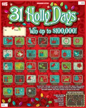 31 Holly Days instant scratch ticket from Wisconsin Lottery - unscratched