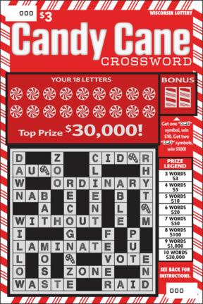 Candy Cane Crossword instant scratch ticket from Wisconsin Lottery - unscratched