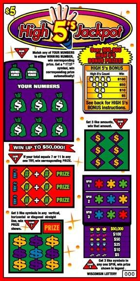High 5's Jackpot instant scratch ticket from Wisconsin Lottery - unscratched