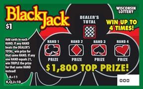 Blackjack instant scratch ticket from Wisconsin Lottery - unscratched