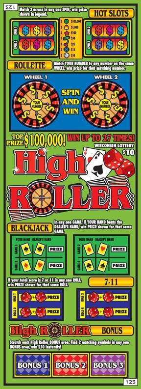 High Roller instant scratch ticket from Wisconsin Lottery - unscratched