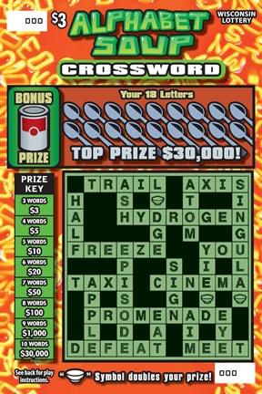 Alphabet Soup Crossword instant scratch ticket from Wisconsin Lottery - unscratched