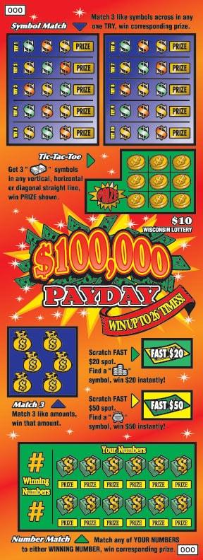 $100,000 Payday instant scratch ticket from Wisconsin Lottery - unscratched