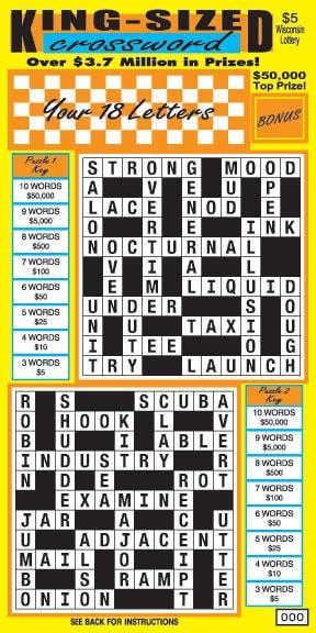 King-Sized Crossword instant scratch ticket from Wisconsin Lottery - unscratched