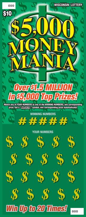 $5,000 Money Mania instant scratch ticket from Wisconsin Lottery - unscratched