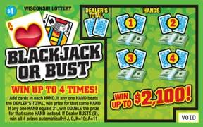 Blackjack or Bust instant scratch ticket from Wisconsin Lottery - unscratched