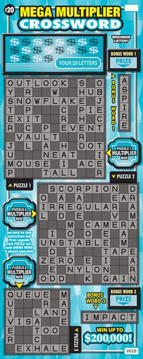 Mega Multiplier Crossword instant scratch ticket from Wisconsin Lottery - unscratched
