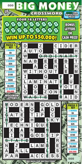 Big Money Crossword instant scratch ticket from Wisconsin Lottery - unscratched