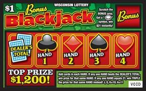 Bonus Blackjack instant scratch ticket from Wisconsin Lottery - unscratched