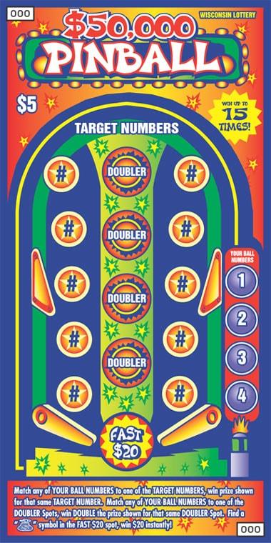 $50,000 Pinball instant scratch ticket from Wisconsin Lottery - unscratched