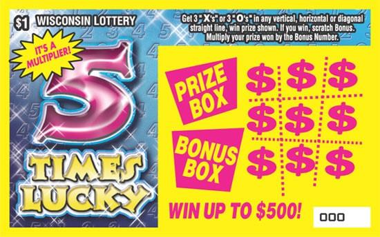 5 Times Lucky instant scratch ticket from Wisconsin Lottery - unscratched