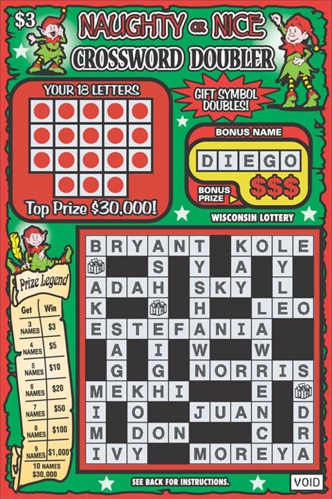 Naughty or Nice Crossword Doubler instant scratch ticket from Wisconsin Lottery - unscratched