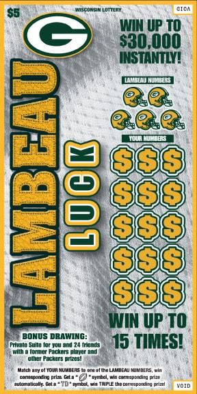 Lambeau Luck instant scratch ticket from Wisconsin Lottery - unscratched