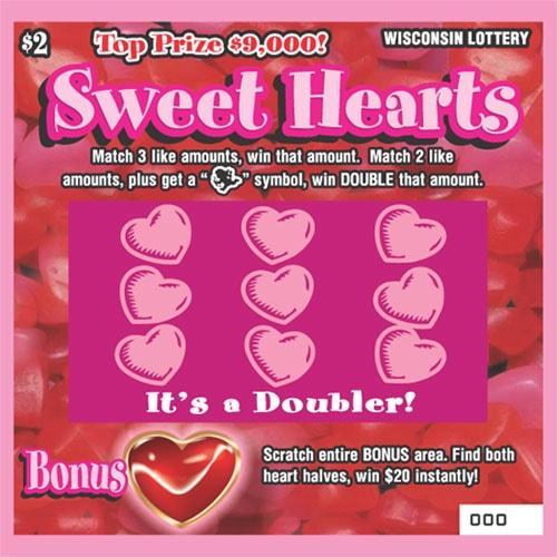 Sweet Hearts instant scratch ticket from Wisconsin Lottery - unscratched
