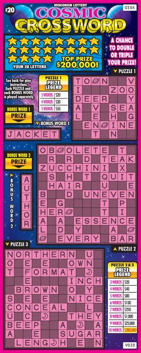Cosmic Crossword instant scratch ticket from Wisconsin Lottery - unscratched