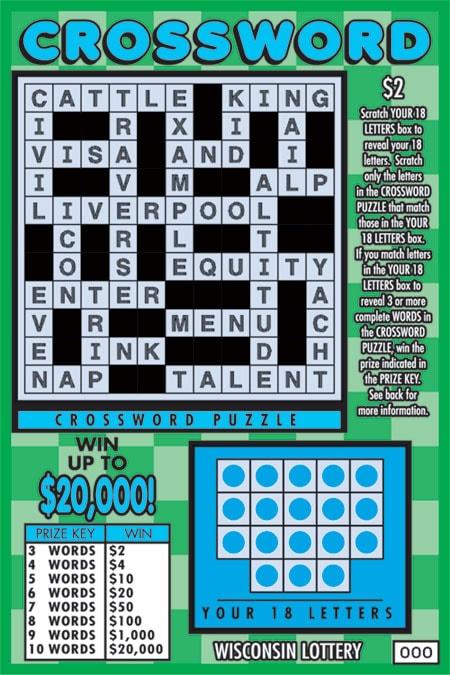 Crossword instant scratch ticket from Wisconsin Lottery - unscratched