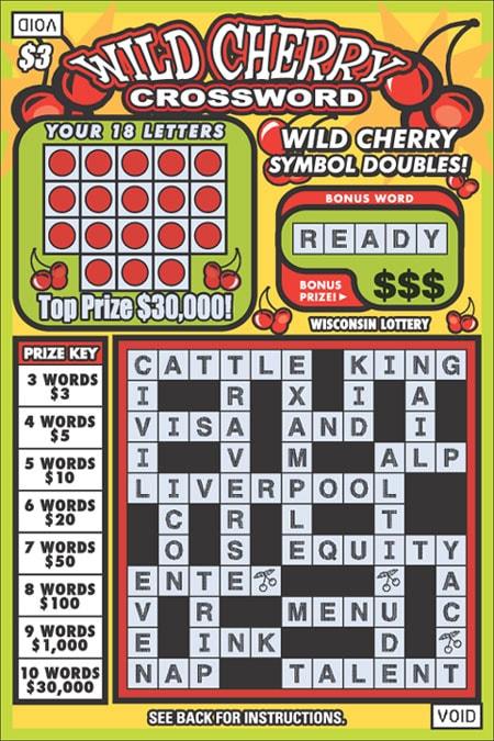 Wild Cherry Crossword instant scratch ticket from Wisconsin Lottery - unscratched