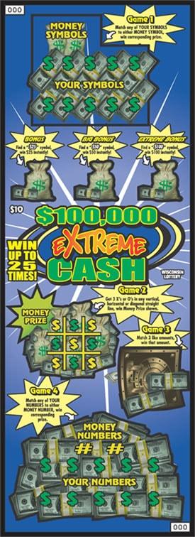 $100,000 Extreme Cash instant scratch ticket from Wisconsin Lottery - unscratched