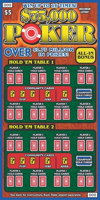 $75,000 Poker instant scratch ticket from Wisconsin Lottery - unscratched