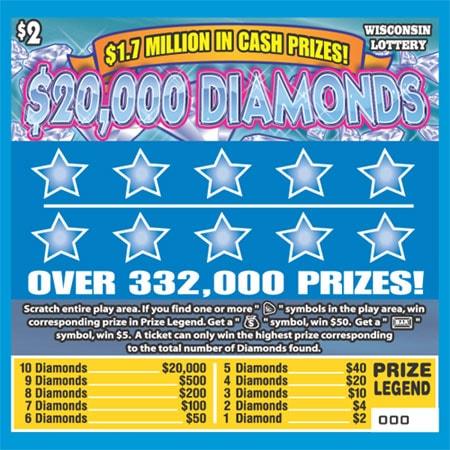 $20,000 Diamonds instant scratch ticket from Wisconsin Lottery - unscratched