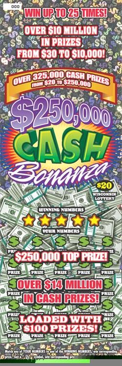 $250,000 Cash Bonanza instant scratch ticket from Wisconsin Lottery - unscratched