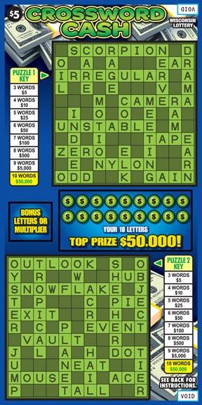 Crossword Cash instant scratch ticket from Wisconsin Lottery - unscratched