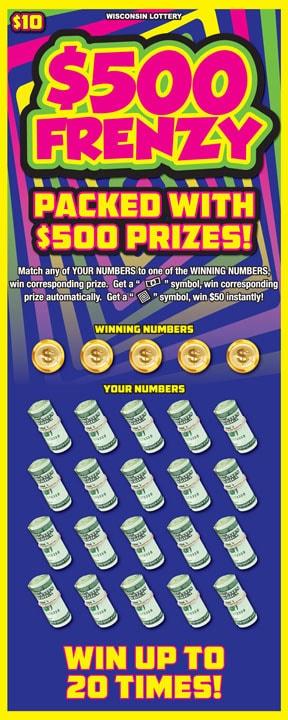 $500 Frenzy instant scratch ticket from Wisconsin Lottery - unscratched