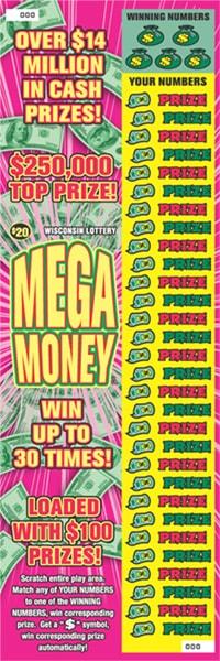 Mega Money instant scratch ticket from Wisconsin Lottery - unscratched