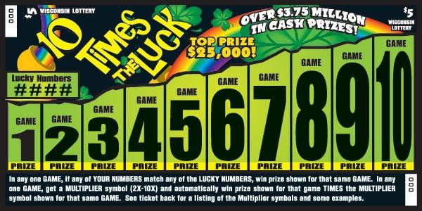 10 Times the Luck instant scratch ticket from Wisconsin Lottery - unscratched