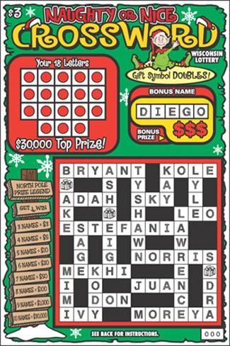 Naughty or Nice Crossword instant scratch ticket from Wisconsin Lottery - unscratched