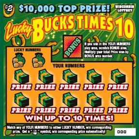 Lucky Bucks Times 10 instant scratch ticket from Wisconsin Lottery - unscratched