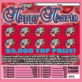 Happy Hearts instant scratch ticket from Wisconsin Lottery - unscratched