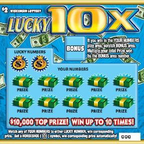 Lucky 10X instant scratch ticket from Wisconsin Lottery - unscratched
