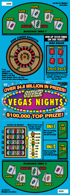 Super Vegas Nights instant scratch ticket from Wisconsin Lottery - unscratched