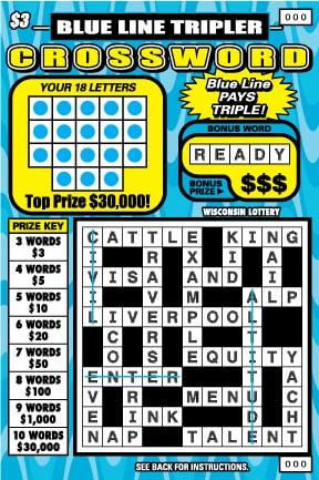 Blue Line Tripler Crossword instant scratch ticket from Wisconsin Lottery - unscratched
