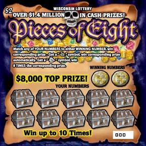 Pieces of Eight instant scratch ticket from Wisconsin Lottery - unscratched