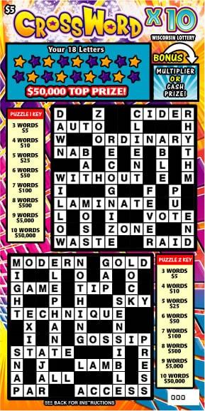 Crossword X10 instant scratch ticket from Wisconsin Lottery - unscratched
