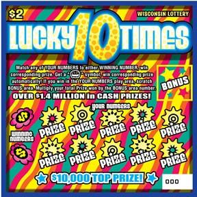 Lucky 10 Times instant scratch ticket from Wisconsin Lottery - unscratched