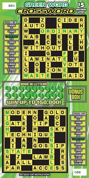 Green Word Crossword instant scratch ticket from Wisconsin Lottery - unscratched