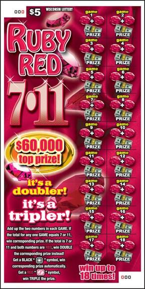 Ruby Red 7-11 instant scratch ticket from Wisconsin Lottery - unscratched