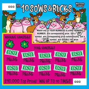10 Sows and Bucks instant scratch ticket from Wisconsin Lottery - unscratched