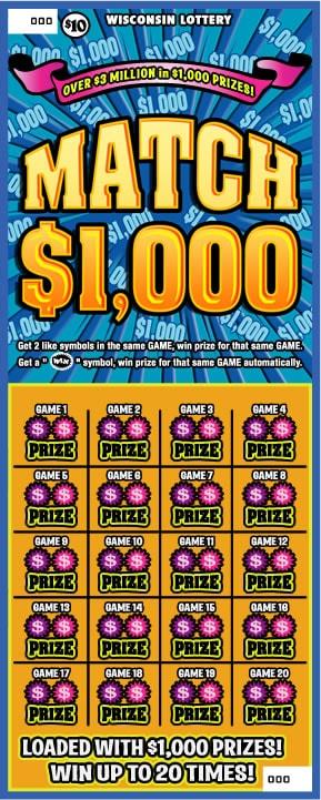Match $1,000 instant scratch ticket from Wisconsin Lottery - unscratched